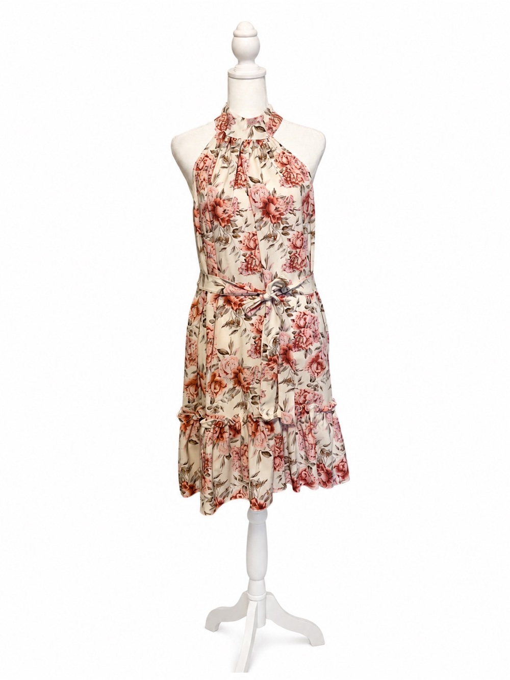 Floral Halter Neck Ruffle Dress in Cream and Blush